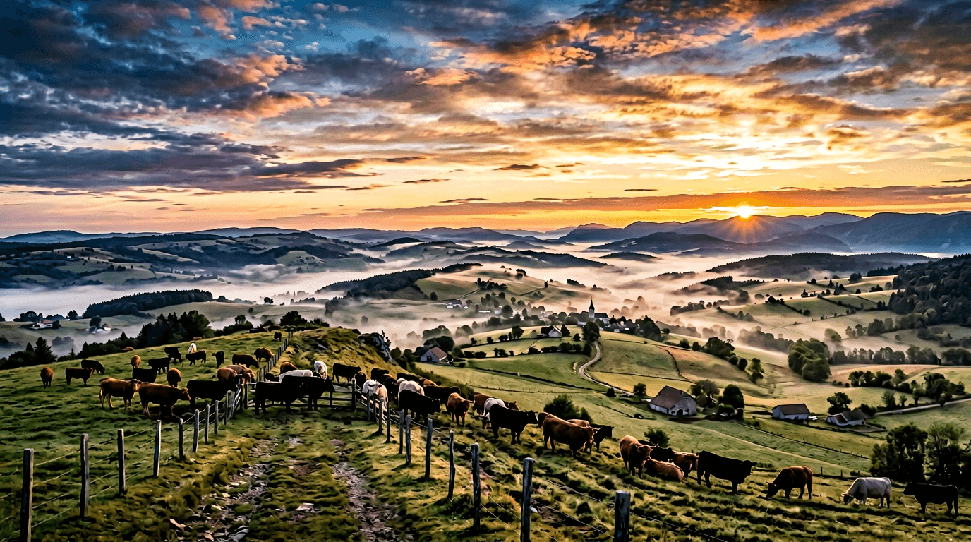 Panoramic European countryside with cattle at sunrise