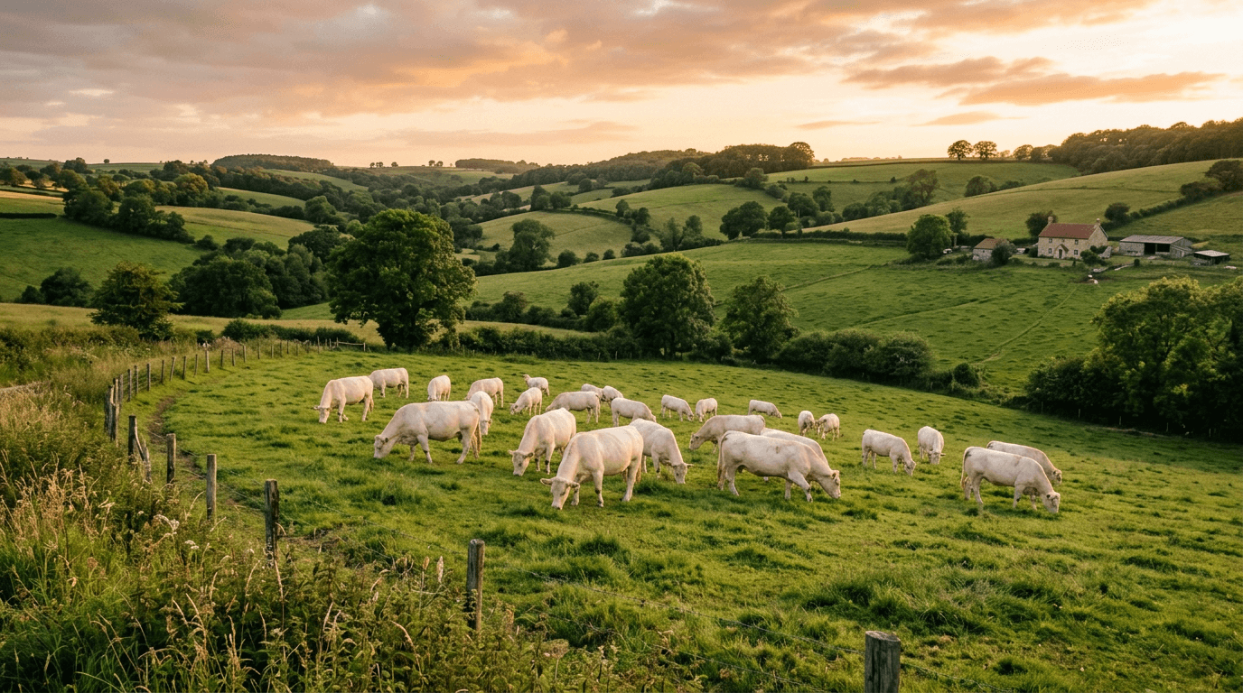 European cattle grazing in green pastures at golden hour