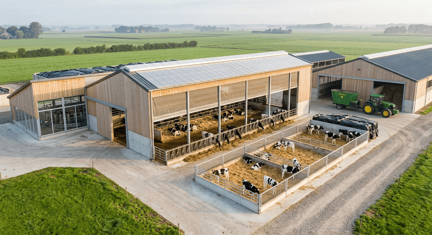 Modern European dairy farm with calves